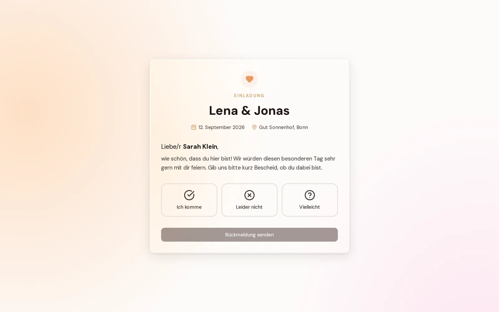 Digitales RSVP-Formular von KnipsGlück: Gäste sagen online zu oder ab, mit Begleitung und Essenswünschen